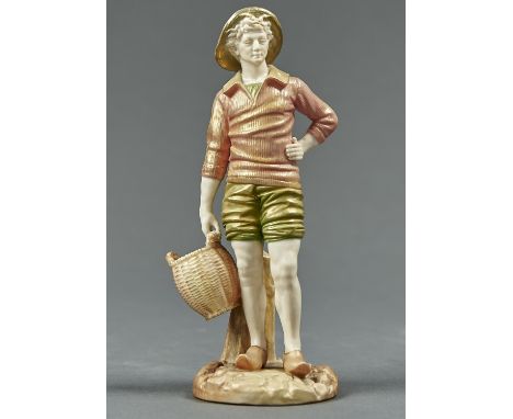 A ROYAL WORCESTER FIGURE OF A FRENCH FISHERBOY, 1905, MODELLED BY JAMES HADLEY AND DECORATED IN WORCESTER SHOT ENAMELS, 20CM 