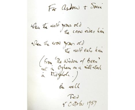 HUGHES, TED - WOLFWATCHING, FIRST EDITION, PRESENTATION COPY SIGNED ON THE FFE "FOR ANDREW &amp; SONIA 'WHEN THE WOLF GROWS O