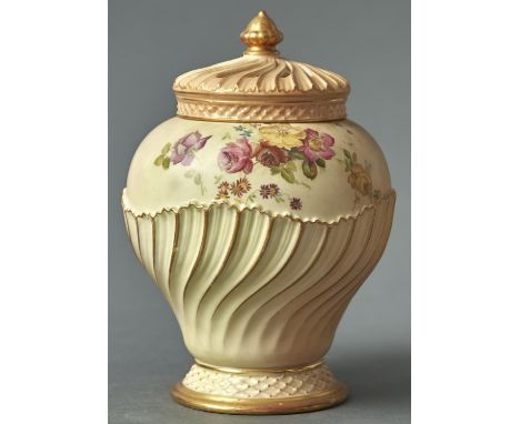 A ROYAL WORCESTER WRYTHEN FLUTED OGEE ROSE JAR AND COVER, 1895,&nbsp; PRINTED AND PAINTED WITH NATURALISTIC FLOWERS ON A SHAD