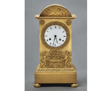 A LOUIS PHILIPPE ORMOLU MANTEL CLOCK, C1840, OF PILLAR SHAPE WITH ARCHED TOP, ENAMEL DIAL, BREGUET HANDS AND BELL STRIKING MO