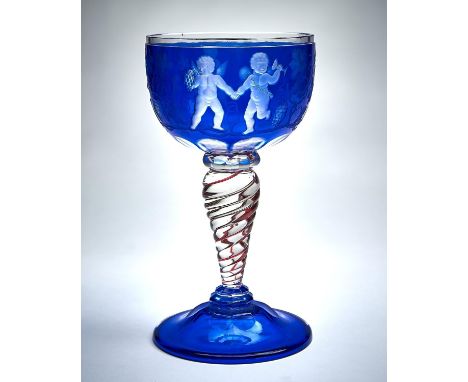 A FINE BOHEMIAN CASED GLASS CUP ENGRAVED BY FRANZ PAULA ZACH, MID 19TH C, THE BOWL WITH CHILDREN OF BACCHUS HAND IN HAND,&nbs