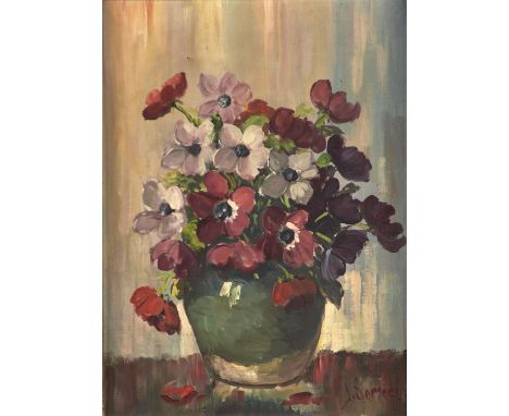 J SOMERS (20TH C) - A JAR OF ANEMONES, SIGNED, OIL ON CANVAS, 39 X 28.5CM Varnish requires a light clean