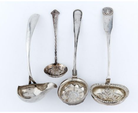 TWO DANISH SILVER SUGAR SIFTERS, 19TH AND 20TH C, ANOTHER CONTINENTAL SILVER SUGAR SIFTER AND A SAUCE LADLE, 5OZS (4) The two