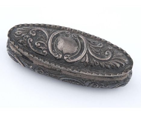 A VICTORIAN DIE STAMPED OVAL SILVER HAIRPIN BOX OF BOMBE FORM WITH CRIMPED RIM, 10CM L, BY SAUNDERS AND SHEPHERD, BIRMINGHAM 