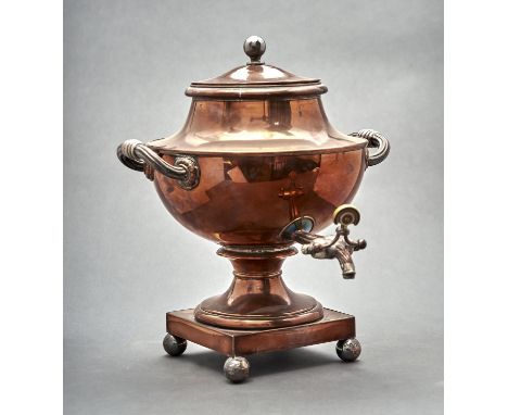 A REGENCY OLD SHEFFIELD PLATE TEA URN AND COVER, C1820, OF HEMISPHERICAL FORM WITH REEDED HANDLES, ON SQUARE BASE AND BALL FE