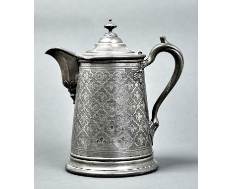 A VICTORIAN BRITANNIA METAL FLAGON, C1880, THE HANDLE ISSUING FROM APPLIED OAK LEAVES, 30CM H Plating rubbed; several light d