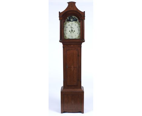 A GEORGE III OAK LONGCASE CLOCK, C1790, THE CASE CROSSBANDED AND PARQUETRY STRUNG, THE ARCHED HOOD WITH SHAPED TOP INLAID TO 