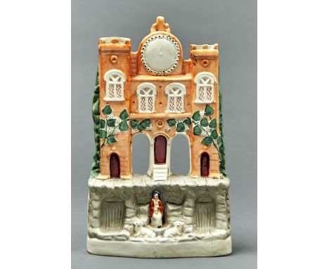 A STAFFORDSHIRE FLATBACK FOLLY CASTLE SPILL HOLDER, C1860, 36CM H GILDING RUBBED, PARTICULARLY ON CLOCK BASE
