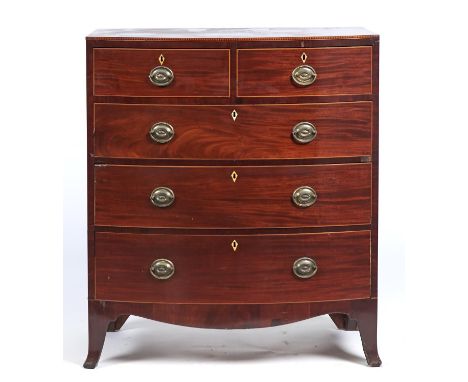 A REGENCY MAHOGANY CHEST OF DRAWERS, C1820, THE TOP WITH DOG TOOTH INLAID BORDER ABOVE TWO SHORT AND THREE LONG GRADUATED DRA