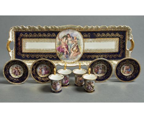 A VIENNA STYLE COBALT GROUND CABARET SET, FRANZ JUNKERSDORF - DECORATED, DRESDEN, 20TH C, WITH MYTHOLOGICAL SCENES AND GILT, 