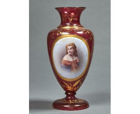 A BOHEMIAN OVERLAY GLASS VASE, C1870, OF SHOULDERED FORM, PAINTED WITH A HALF LENGTH PORTRAIT OF A YOUNG WOMAN IN A CORAL DRE