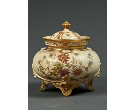 A ROYAL WORCESTER GLOBULAR POT POURRI VASE AND COVER, 1892, THE FLARED GILT NECK PIERCED IN PANELS, PRINTED AND PAINTED WITH 