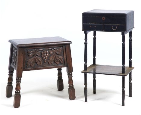 A CHINESE BLACK LACQUER WO TIER WORK TABLE, THE HINGED LID AND UNDER TIER WITH TRANSFER PRINTED COPPER PHOTOGRAPH PANELS WITH