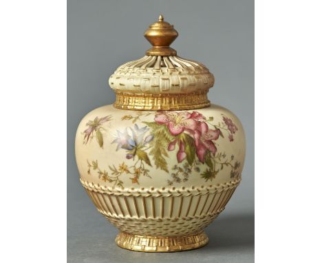 A ROYAL WORCESTER ROSE JAR, COVER AND INNER COVER, 1900, OF BASKET MOULDED GLOBULAR FORM WITH PAGODA COVER, PRINTED AND PAINT