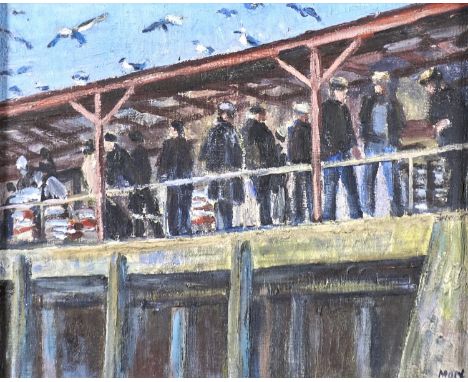MARJORIE MORT (1906-1989) - NEWLYN FISH MARKET; BOATS IN AN ESTUARY, TWO, BOTH SIGNED, OIL ON BOARD, 23.5 X 30CM AND 24 X 34.
