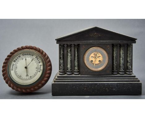 AN OAK ANEROID BAROMETER IN CIRCULAR ROPE CARVED MOUNT, C1900, 23CM DIAM AND A BELGE NERO AND TINOS MARBLE ARCHITECTURAL MANT