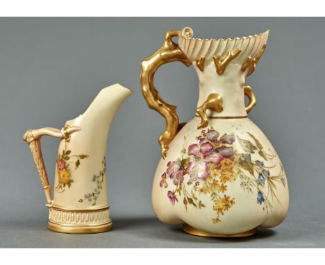 A ROYAL WORCESTER CORAL HANDLED JUG AND TUSK JUG, 1903 AND 1907, PRINTED AND PAINTED WITH NATURALISTIC FLOWERS ON A SHADED AP