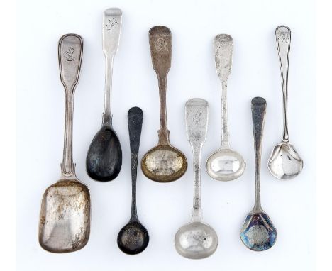 EIGHT GEORGE III AND VICTORIAN SILVER CONDIMENT AND OTHER SPOONS, VARIOUS PATTERNS, 3OZS 15DWTS Light wear consistent with ag