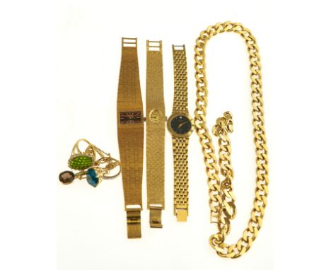 THREE ROTARY AND&nbsp; OTHER GOLD PLATED LADIES WRIST WATCHES,&nbsp; A GOLD PLATED CURB NECKLACE &amp; OTHER COSTUME JEWELLER
