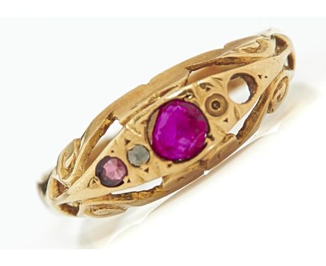 A RUBY AND WHITE STONE SET 18CT GOLD RING, CHESTER 1912, 1.4G, SIZE L Lacking two stones, the others worn, hoop slightly dama