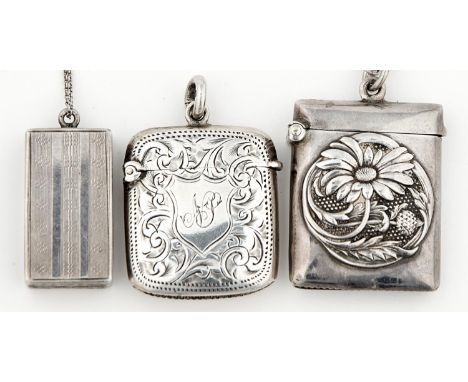 AN EDWARDIAN SILVER VESTA CASE, EMBOSSED WITH A SUNFLOWER, 39MM H, BY H MATTHEWS, BIRMINGHAM 1906, MOUNTED ON A LATER SILVER 