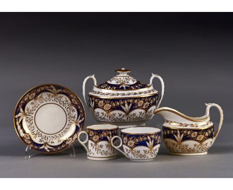 A MACHIN CREAM JUG, SUGAR BOX AND COVER AND TRIO, PATTERN 233, C1810, WITH COBALT AND GILT FLORAL BORDER PATTERN, SUGAR BOX A