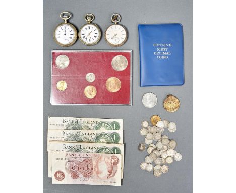 A VICTORIAN SILVER LEVER WATCH, W GLASSMAN HULL, ENGINE TURNED, LONDON 1864, TWO OTHER WATCHES, A SMALL QUANTITY OF UNITIED K
