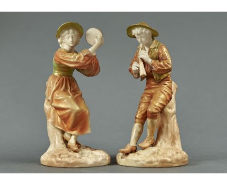 A PAIR OF ROYAL WORCESTER FIGURES OF STREPHON THE BOY PIPER AND HIS FEMALE COMPANION, 1903, MODELLED BY JAMES HADLEY, DECORAT