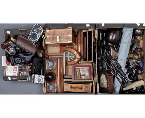 MISCELLANEOUS WOODEN TRIBAL ART, VINTAGE BAKELITE FLASK, ROLL FILM AND CINE CAMERAS, AND OTHER BYGONES, ETS 