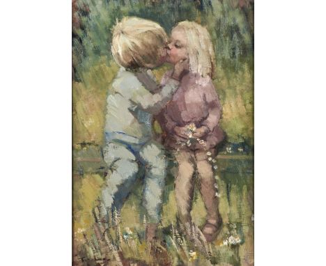 TERRY LEES, FL LATE 20TH CENTURY - FIRST KISS, SIGNED, OIL ON HARDBOARD, 49 X 34CM Good condition