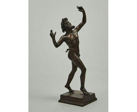 AN ITALIAN BRONZE SCULPTURE OF THE DANCING FAUN, AFTER THE ANTIQUE, LATE 129TH C, UNEVEN LIGHT BROWN PATINA RUBBED IN PLACES,