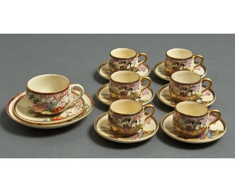 A SET OF SIX JAPANESE SATSUMA WARE COFFEE CUPS AND SAUCERS, MEIJI / TAISHO PERIOD, SAUCER 11.5CM DIAM, TWO CHARACTER MARK AND