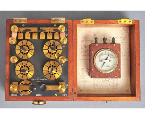 VINTAGE ELECTRICAL APPARATUS. A MAHOGANY,&nbsp; LACQUERED BRASS AND EBONITE EUREKA RESISTANCE BOX, SIEMENS BROTHERS &amp; CO 