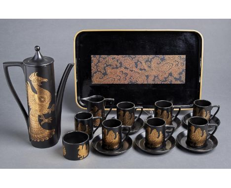 A PORTMEIRION PHOENIX PATTERN COFFEE SERVICE DESIGNED BY JOHN CUFFLEY, COMPRISING COFFEE POT, SUGAR CREAM AND SEVEN CUPS AND 