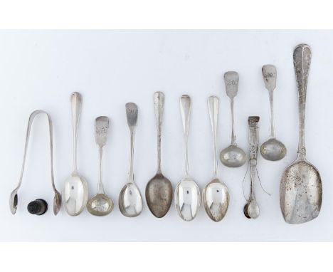 MISCELLANEOUS GEORGE III AND LATER SMALL SILVER FLATWARE, ETC, 7OZS 10DWTS Several items worn or damaged