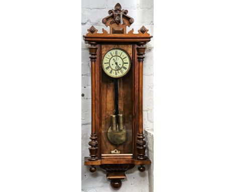 A WALNUT VIENNA WALL CLOCK, LATE 19TH C, WITH ARCHITECTURAL PEDIMENT CENTRED ON PALMETTES, SCROLLS AND LEAFAGE FLANKED BY SQU