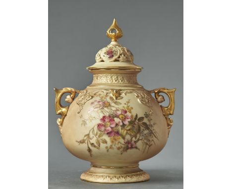 A ROYAL WORCESTER GLOBULAR POT POURRI VASE AND COVER, 1911, PRINTED AND PAINTED WITH NATURALISTIC FLOWERS ON A SHADED APRICOT