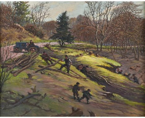 JOHN EDWARD BARKER (1889-1953) FELLING TIMBER - SALLY-IN-THE-WOOD NEAR BASFORD, SIGNED, DATED 1952 AND INSCRIBED VERSO, OIL O