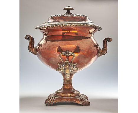 A WILLIAM IV COPPER TEA URN AND COVER, C1830, WITH SCROLLING AND TURNED EBONISED HANDLES, BRASS TAP, 38CM H Worn, with a numb