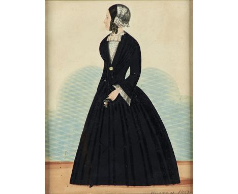 ENGLISH NAIVE ARTIST, 1853 - PORTRAIT OF A LADY, FULL LENGTH IN PROFILE, IN A BLACK DRESS HOLDING A ROSE IN HER LEFT HAND, SI