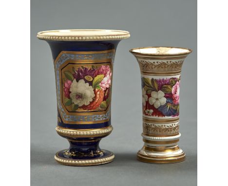 A SPODE BONE CHINA SPILL VASE AND A LARGER CONTEMPORARY ENGLISH PORCELAIN COBALT GROUND SPILL VASE, C1820,PAINTED WITH FLOWER