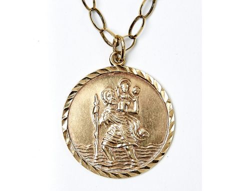 A 9CT GOLD ST CHRISTOPHER PENDANT AND NECKLACE, PENDANT 28 MM DIAMETER, MARKS OBSCURED,&nbsp; 12.7G Light wear, no initials