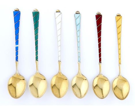 TWO SETS OF SIX DANISH SILVER GILT AND&nbsp; HARLEQUIN GUILLOCHE ENAMEL&nbsp; COFFEE SPOONS, C1950-60, BY EGON LAURIDSEN OF C