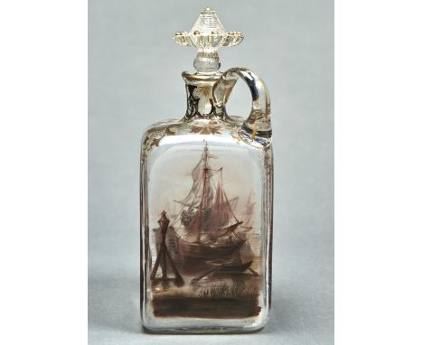 A LOW COUNTRIES ENAMELLED GLASS SPIRIT FLASK AND STOPPER, C1900, OF SQUARE SHAPE, PAINTED IN BROWN WITH WINDMILLS AND FISHING