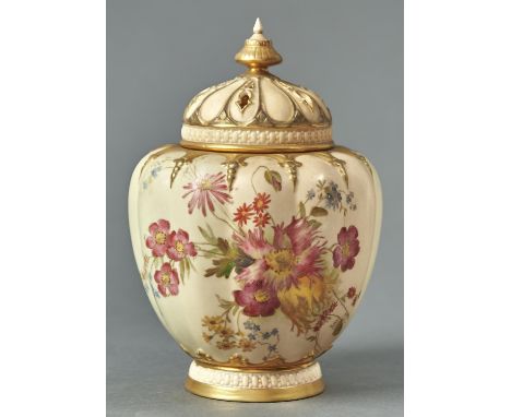A ROYAL WORCESTER STUART ROSE JAR, COVER AND INNER COVER, 1903,&nbsp; PRINTED AND PAINTED WITH NATURALISTIC FLOWERS ON A SHAD