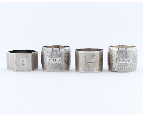 TWO AND A PAIR OF GEORGE VI SILVER NAPKIN RINGS, ENGINE TURNED, THE PAIR BY ISRAEL FREEMAN AND SON LIMITED, LONDON 1945, 3OZS