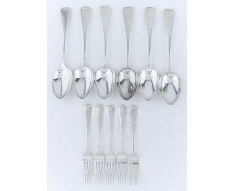 A SET OF SIX VICTORIAN SILVER TABLE SPOONS AND FIVE DESSERT FORKS EN SUITE, OLD ENGLISH PATTERN, BY CHARLES BOYTON &amp; SON,