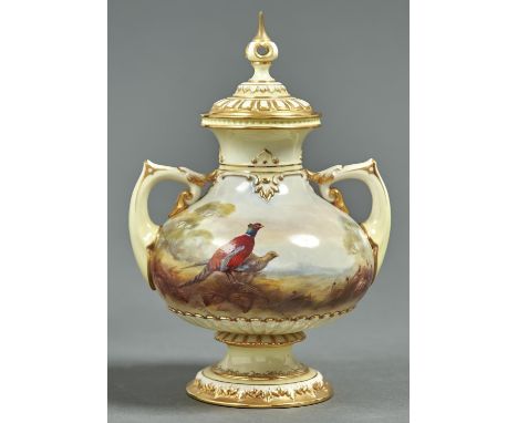 A ROYAL WORCESTER TWO HANDLED PEAR SHAPED VASE AND COVER, 1905,&nbsp; PRINTED AND PAINTED WITH PHEASANTS, SIGNED W E JARMAN, 