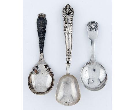 A GEORGE III&nbsp; SILVER CADDY SPOON, FIDDLE AND SHELL PATTERN, MAKER'S MARK RUBBED, LONDON 1814 AND TWO OTHER SILVER CADDY 