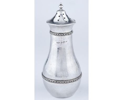 A EDWARD JONES. AN ARTS AND CRAFTS SILVER SUGAR CASTER AND COVER, BALUSTER, APPLIED WITH TWO HUSKS GIRDLES, 17CM H, MAKER'S M